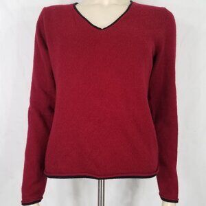 Grace red black trim 100% Cashmere v-neck pullover sweater ladies Large